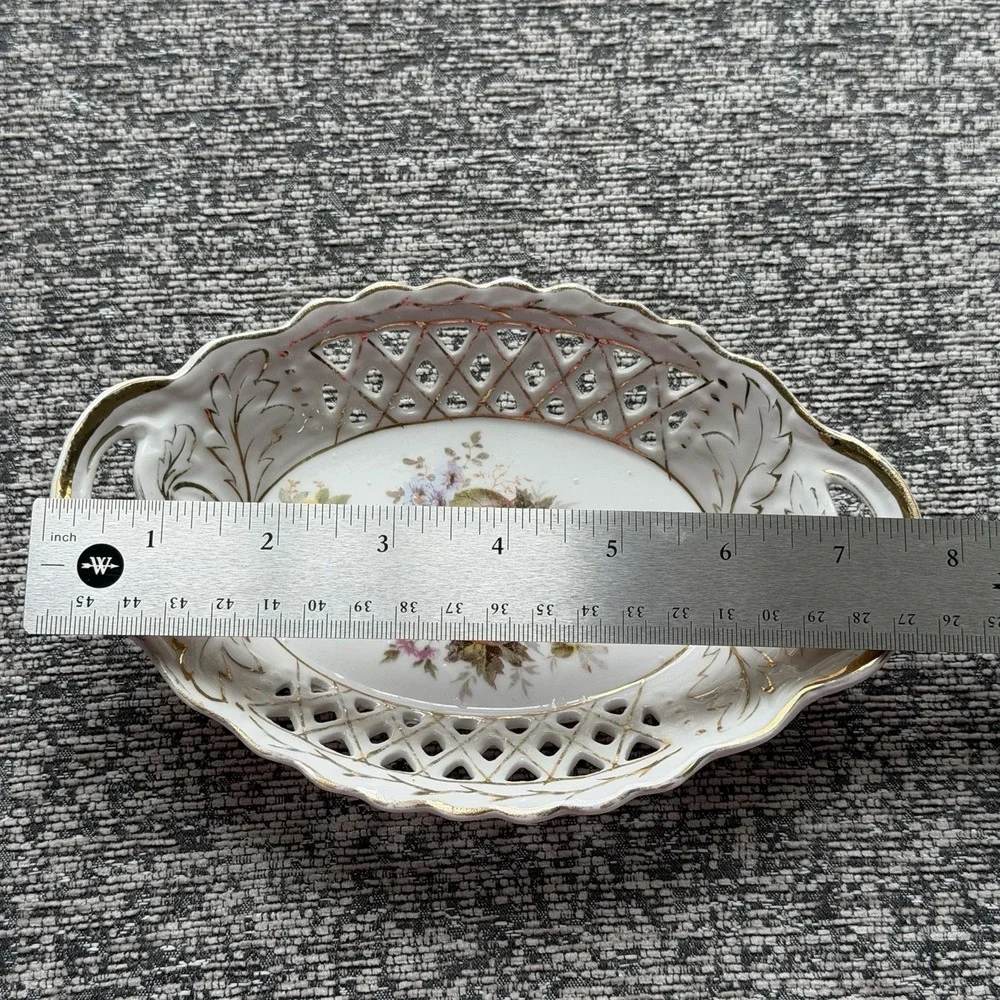 Vintage Reticulated‎ Porcelain Trinket Dish Gold Trim Floral Vanity Tray Handles